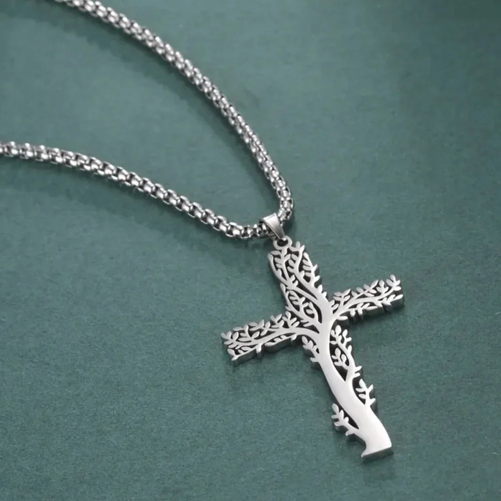 Stainless steel tree of life cross